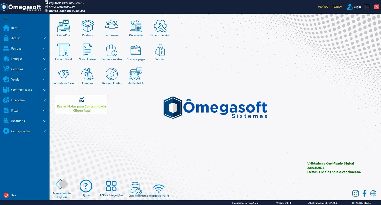Painel do Ômegasoft Desktop