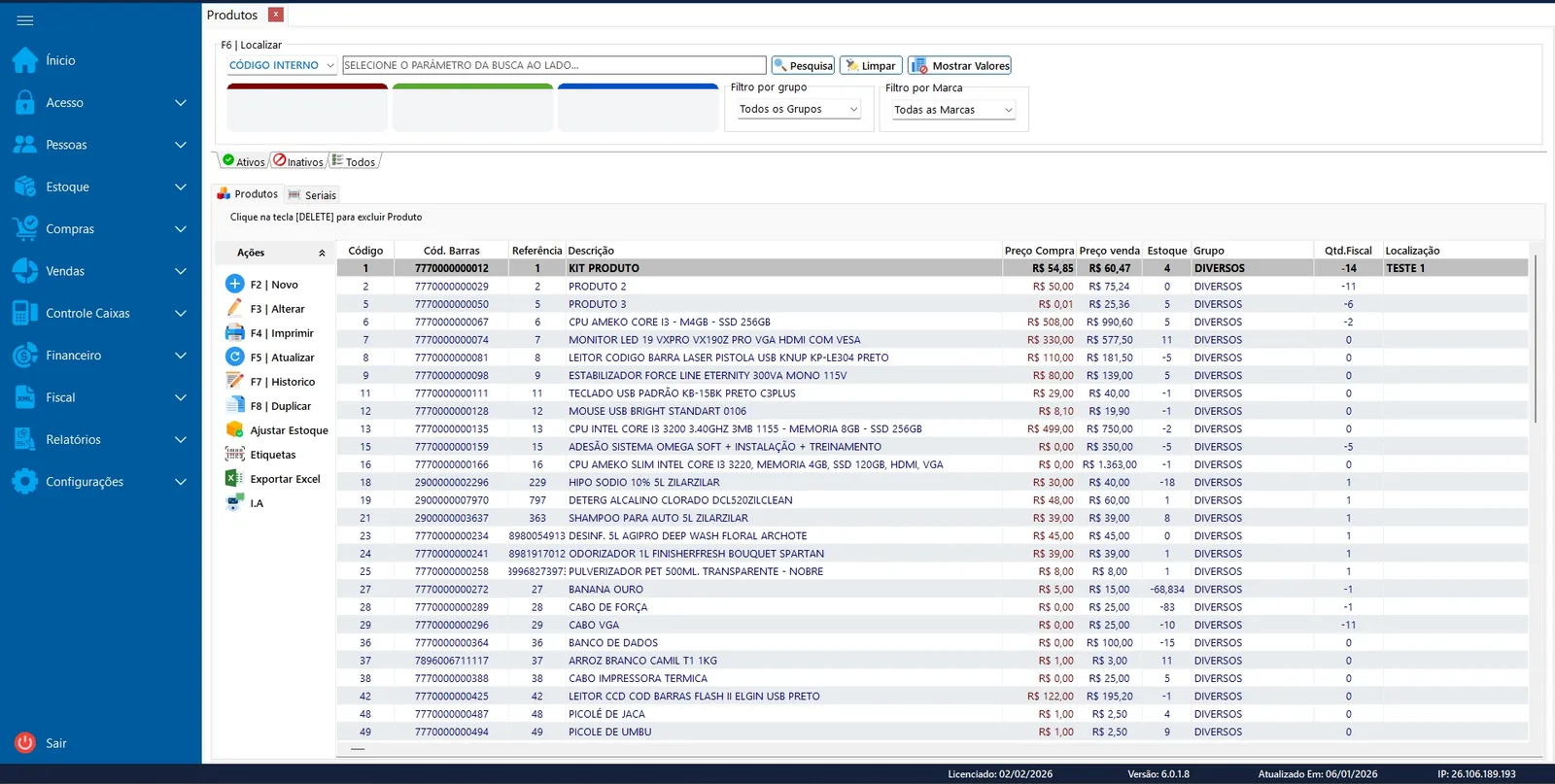 Cadastro de produtos do Ômegasoft Web